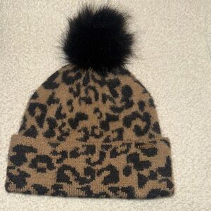 Leopard Print Beanie with Black Pom
